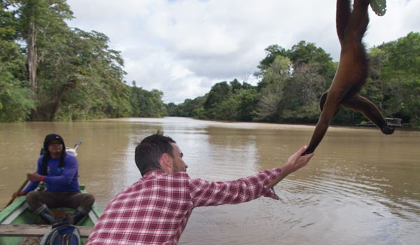 Viajante apertando a mão de um macaco em um barco de turismo na selva de iquitos