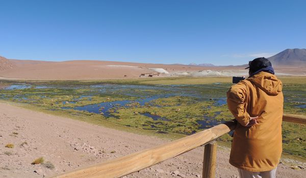 Tatio-Geysir-Lagune Person, die die Lagune betrachtet