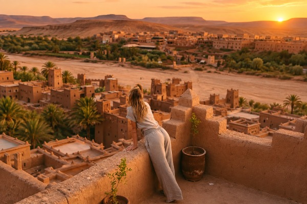 Ait Ben Haddou during the tour from Marrakech to Fez A traveler admiring Ait Ben Haddou during the 3-day tour from Marrakech to Fez