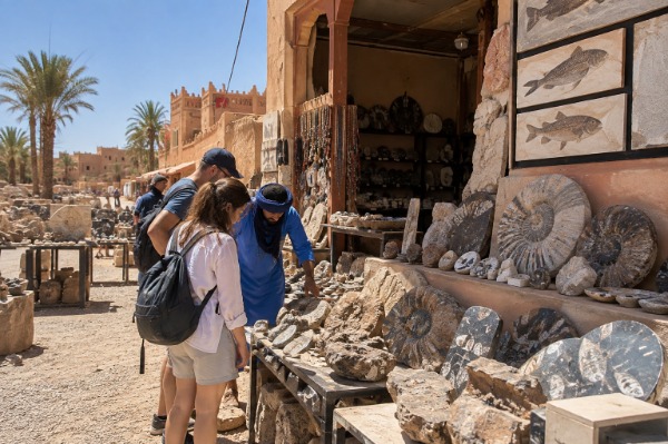 Fossils in Erfoud Travelers discovering the fossils of Erfoud during the excursion from Marrakech to Fez