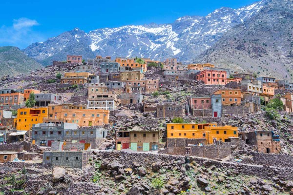 The village of Imlil on the Toubkal trail The Berber village of Imlil, surrounded by mountains, along the Toubkal circuit in the High Atlas