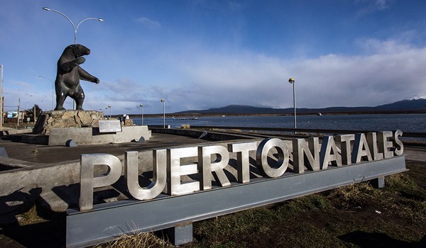 puerto natales sign and bear statue