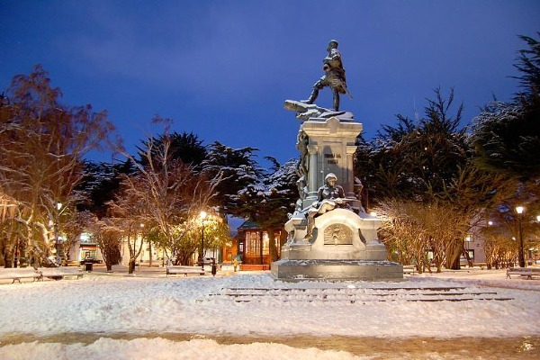 snowy plaza de armas in punta arenas