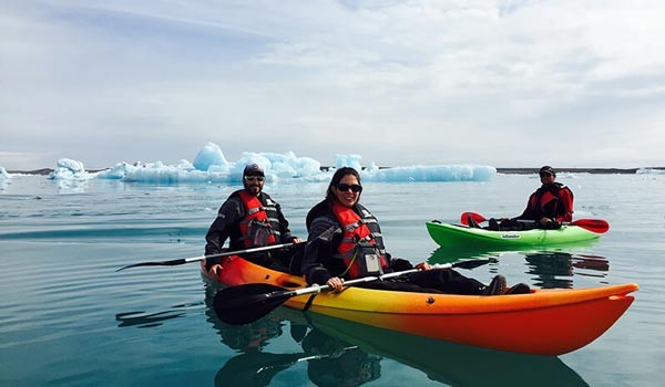Trio kayaking Jokulsarlon Glacier Lagoon