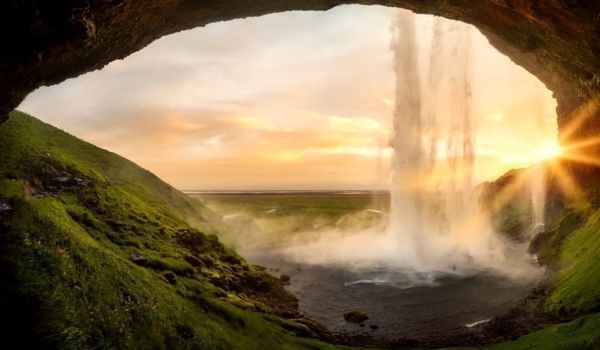 seljalandsfoss waterfall lanscape from the interior