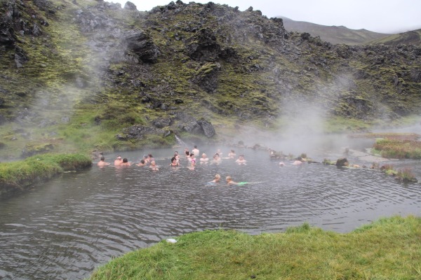 People bathing in hot springs surrounded by vegetation.