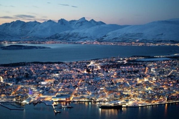 aerial view of the illuminated city of Tromso