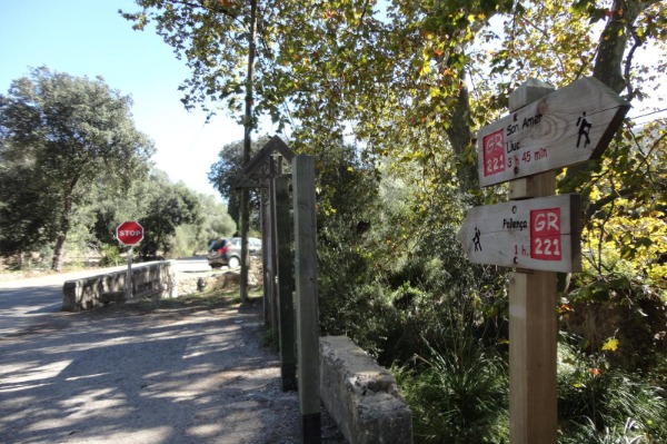 GR221 trail marker on the forest road to Pollensa, Mallorca Signage along the GR221 trail between Lluc and Pollensa in the Serra de Tramuntana