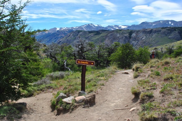 Sendero hacia El Chaltén en el Parque Nacional Los Glaciares Camino señalizado con cartel de El Chaltén rodeado de vegetación y montañas