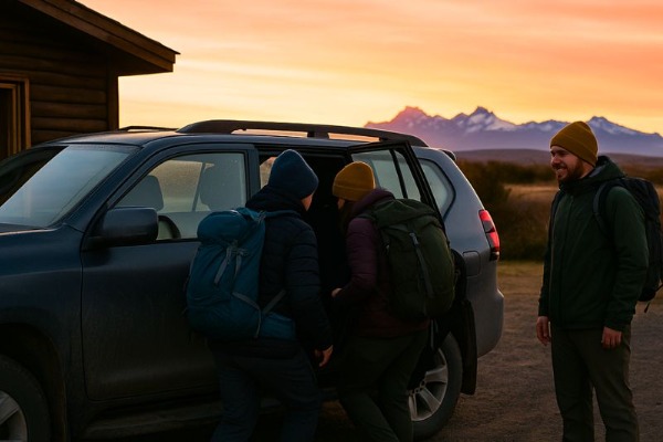 Recogida al amanecer en Puerto Natales para el Puma Tour Guía y viajeros subiendo a un vehículo 4x4 al amanecer rumbo al Torres del Paine Puma Tour