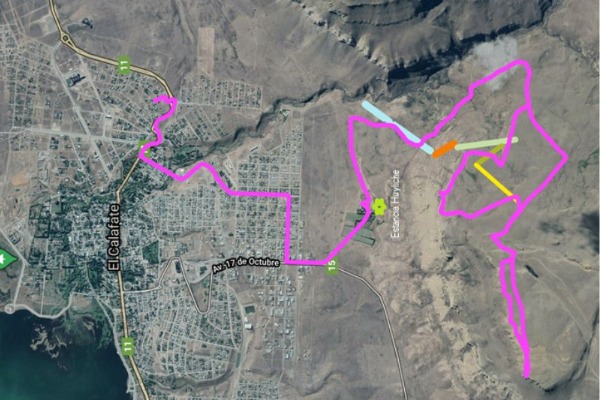 Itinéraire 4x4 d'El Calafate au Cerro Huyliche marqué en rose