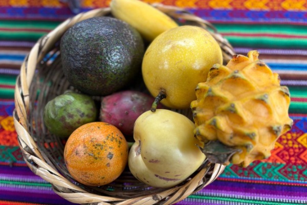 fruits dans une coupe sur une table avec une nappe colorée