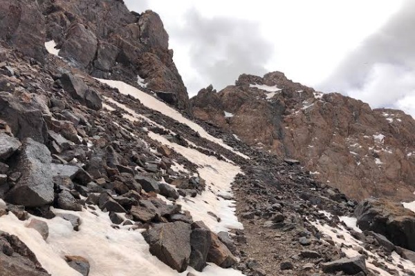 Passo Tizi n’Ouanoums lungo il percorso del Toubkal Terreno roccioso e innevato sul passo Tizi n’Ouanoums durante il percorso