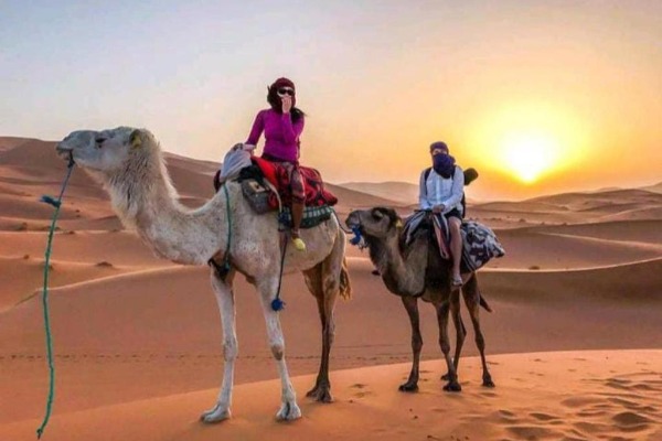 Giro in cammello tra le dune di Erg Chebbi Viaggiatori a dorso di cammello al tramonto tra le dune dell’Erg Chebbi a Merzouga