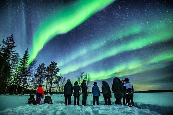 persone che osservano l'aurora boreale accanto a una foresta innevata a Rovaniemi.
